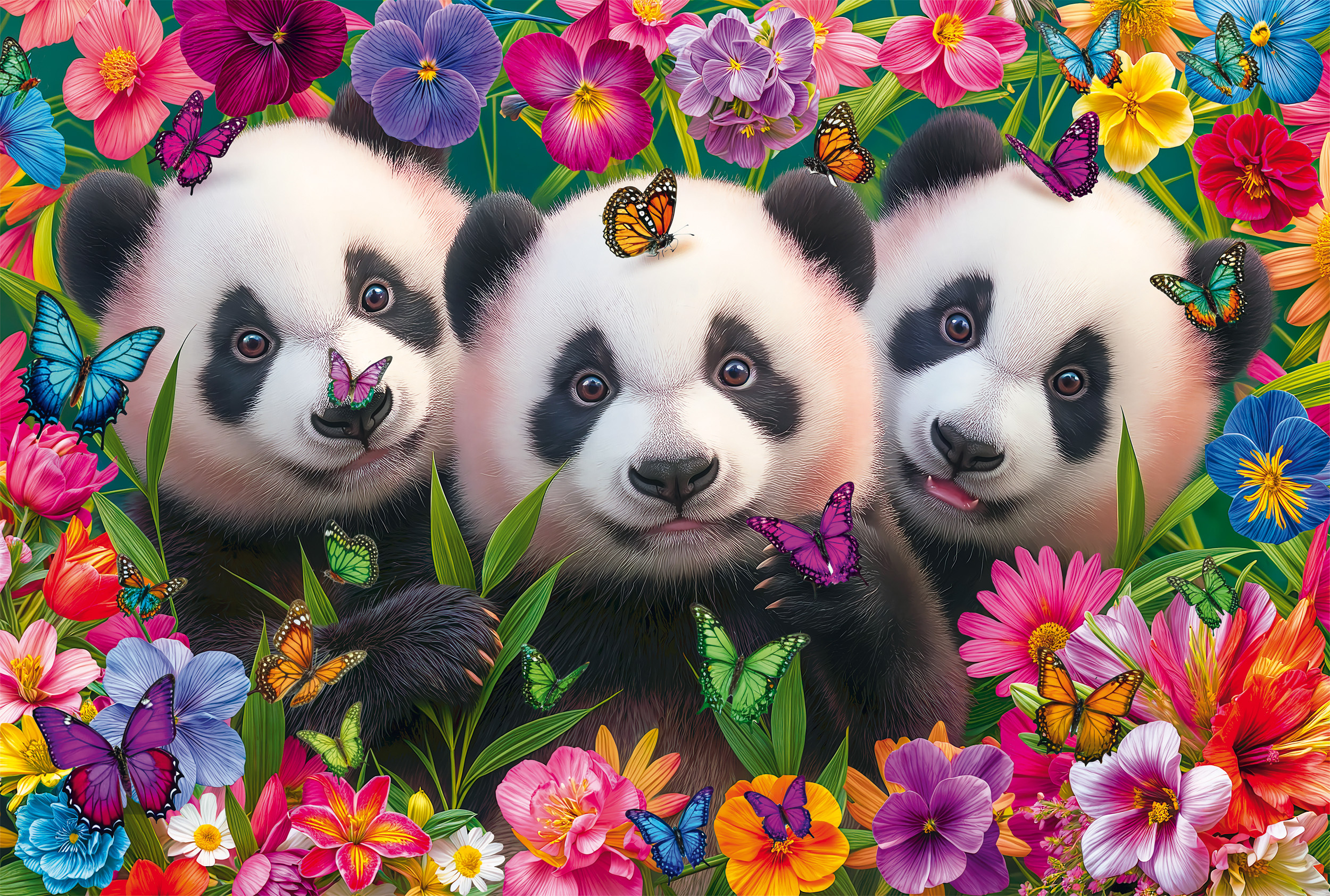 Drei Pandagesichter mit bunten Blumen und Schmetterlingen. Pandas haben schwarz-weißes Fell.