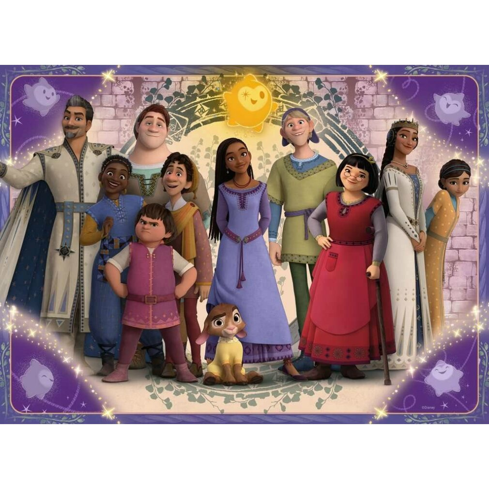 Gruppo di personaggi dei cartoni animati. Una donna in abito viola è in piedi con altri. Un coniglio è davanti. Lo sfondo ha un muro di mattoni.