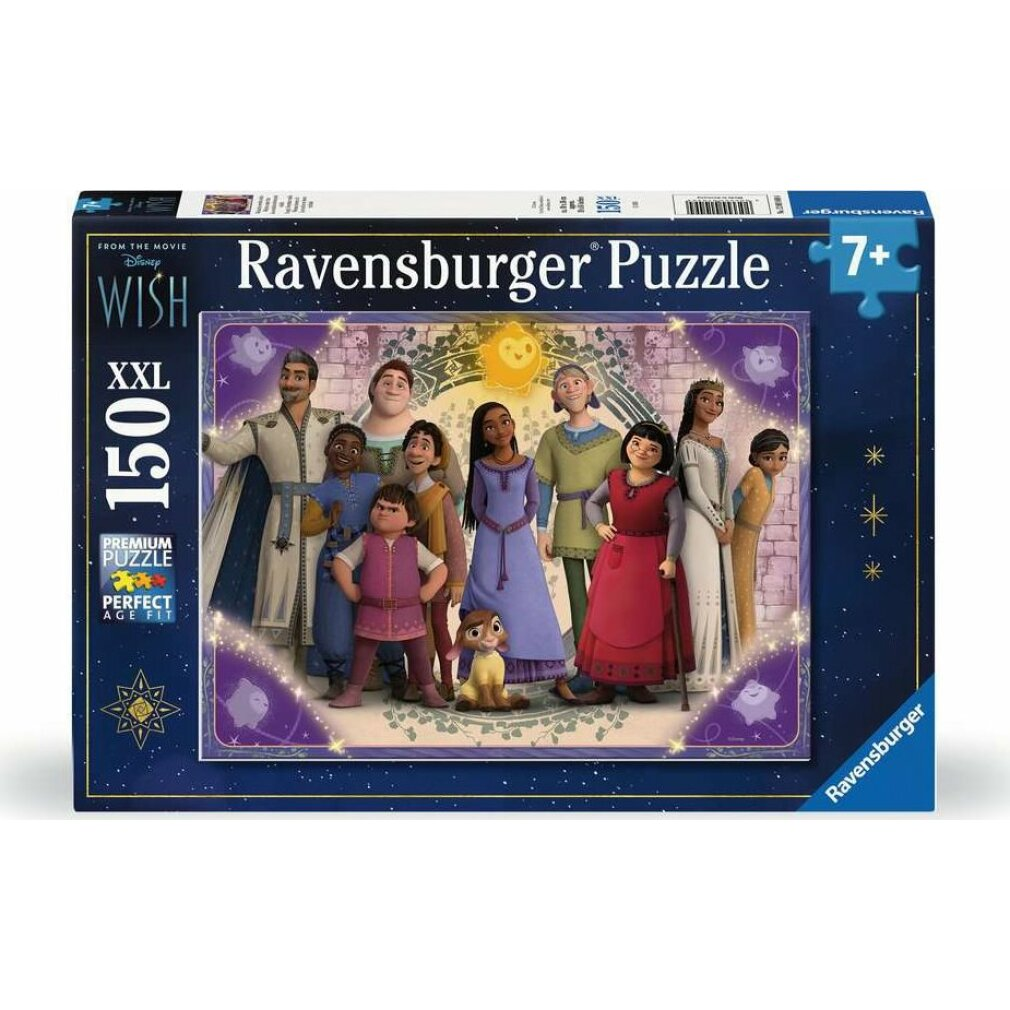 Una scatola di puzzle Ravensburger. Mostra un gruppo di personaggi animati del film Wish della Disney, con i dettagli del puzzle.