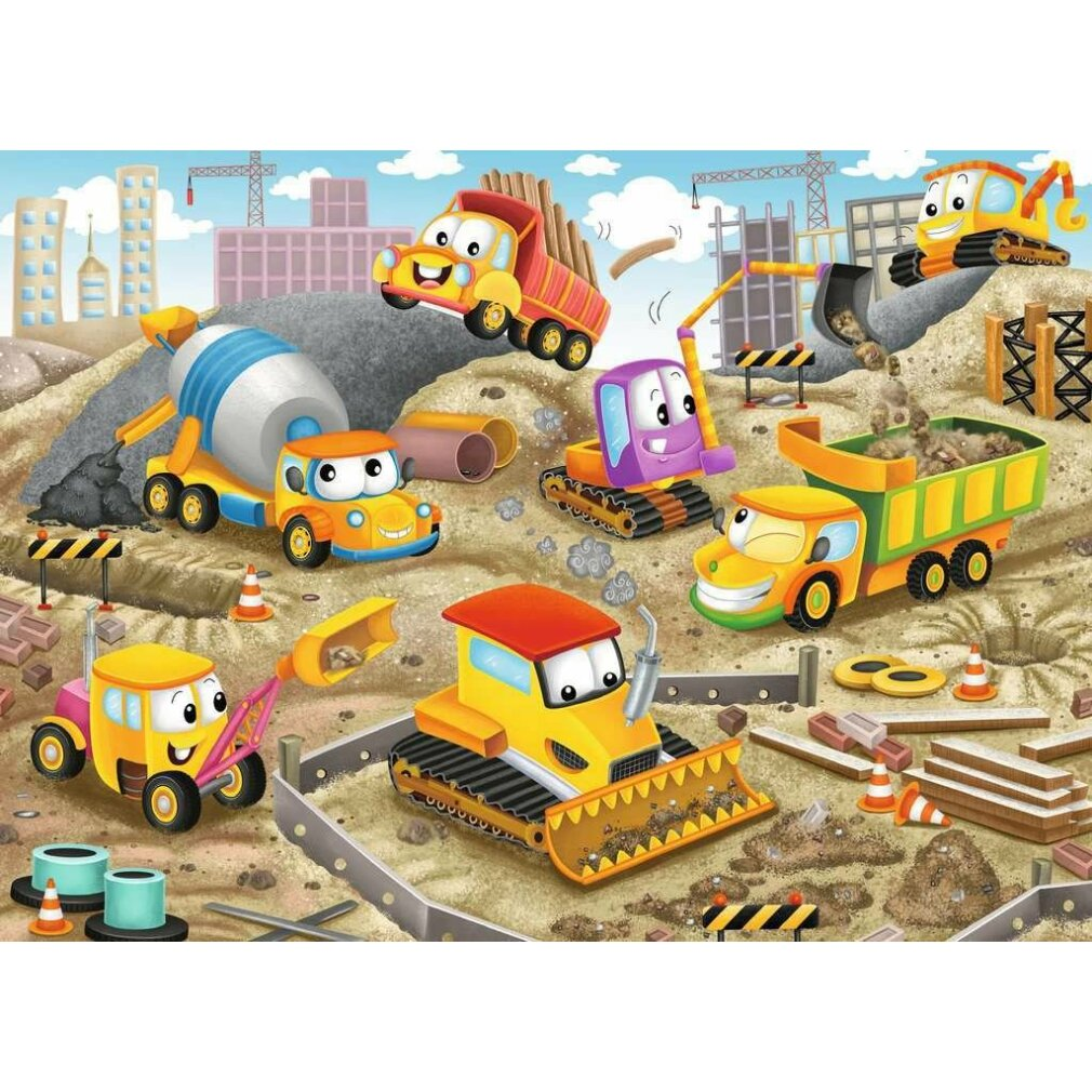 Immagine di cartoni animati di veicoli edili al lavoro. Un'autobetoniera, camion ribaltabili, un escavatore e un bulldozer sono in un cantiere.