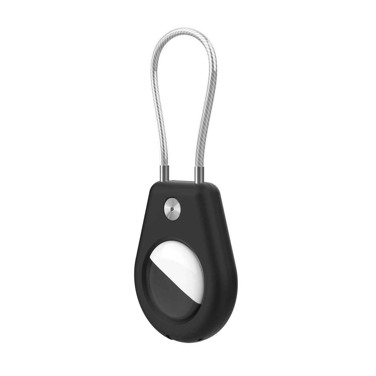 Ein schwarzer Schlüsselfinder mit silberner Schlaufe. Der Finder hat ein weißes und schwarzes kreisförmiges Design. Oben befindet sich ein silberner Knopf.