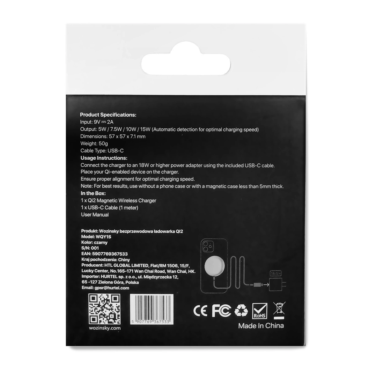 Czarne pudełko ze szczegółami produktu, schematem ładowarki bezprzewodowej i certyfikatami. Tekst zawiera specyfikacje i instrukcje.