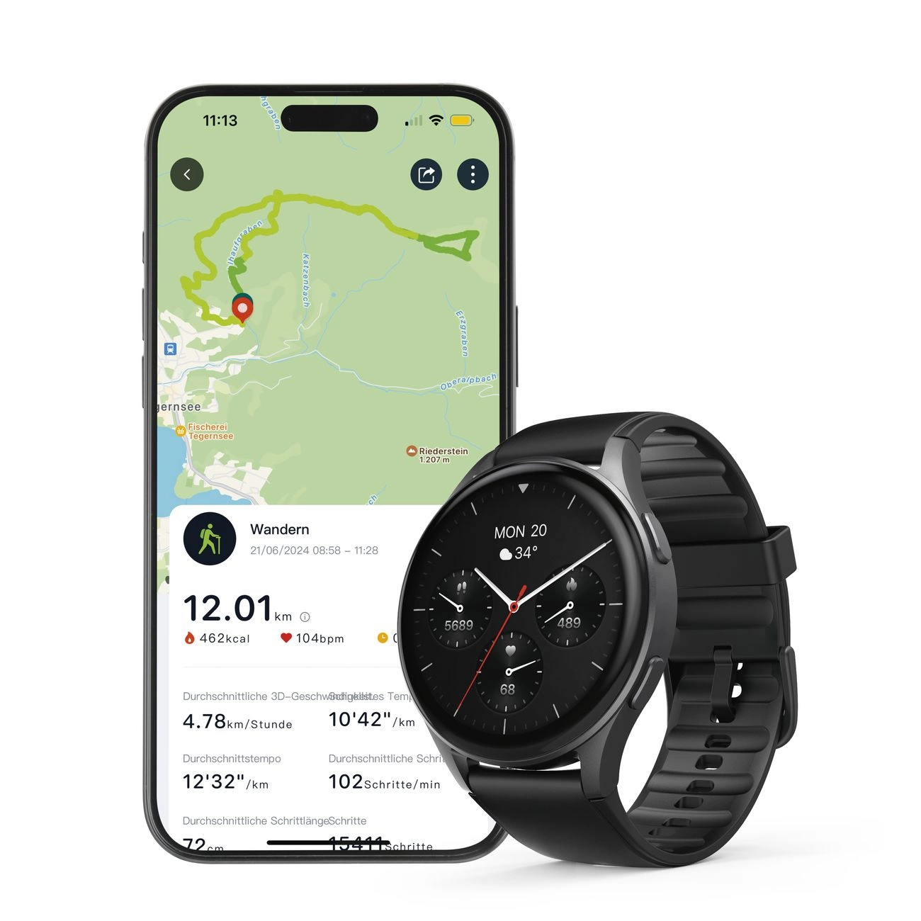 Smartfon wyświetla mapę i dane fitness. Smartwatch pokazuje statystyki aktywności, takie jak kroki, tętno i czas.