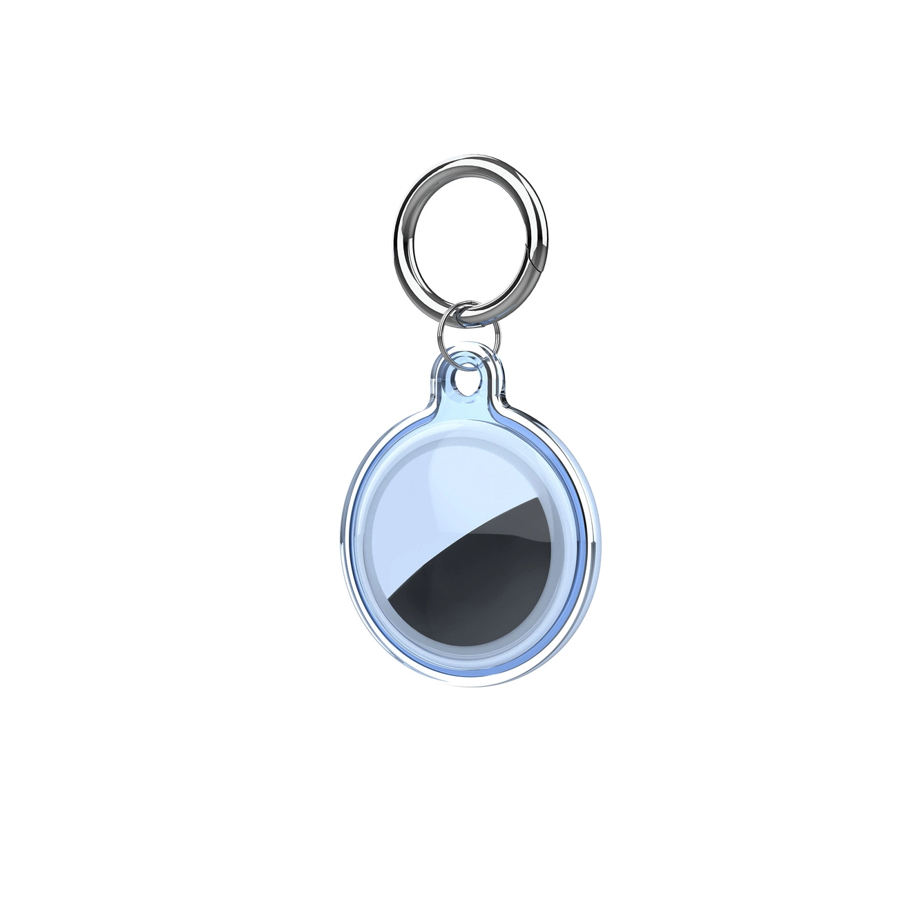 Ein durchsichtiges, kreisförmiges AirTag an einem Schlüsselring. Das AirTag hat ein diagonal geteiltes Design in Schwarz und Weiß. Der Hintergrund ist weiß.
