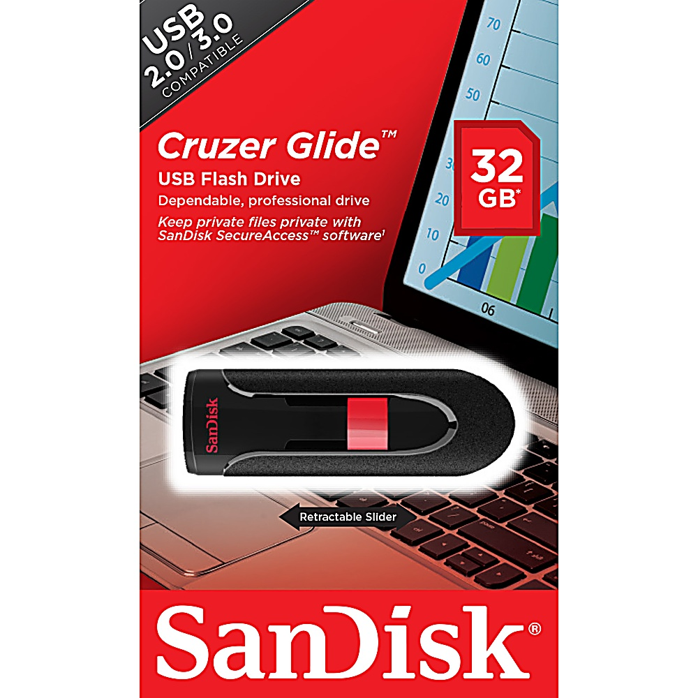 Ein SanDisk Cruzer Glide USB-Flash-Laufwerk, schwarz und rot, mit einziehbarem Schieber, auf einer Laptop-Tastatur. 32GB Kapazität.