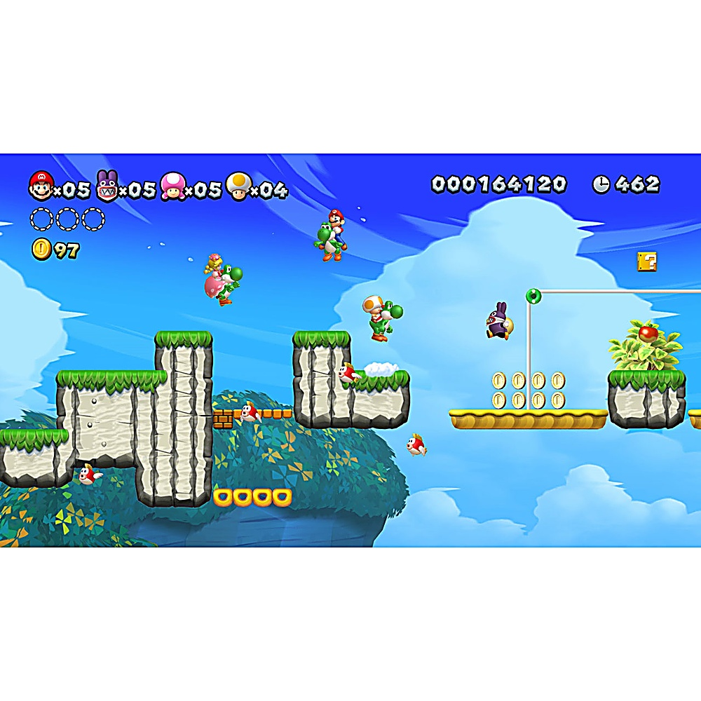Scena z gry Super Mario z Mario, Yoshim i innymi postaciami na pływających platformach, monetami i niebieskim tłem.