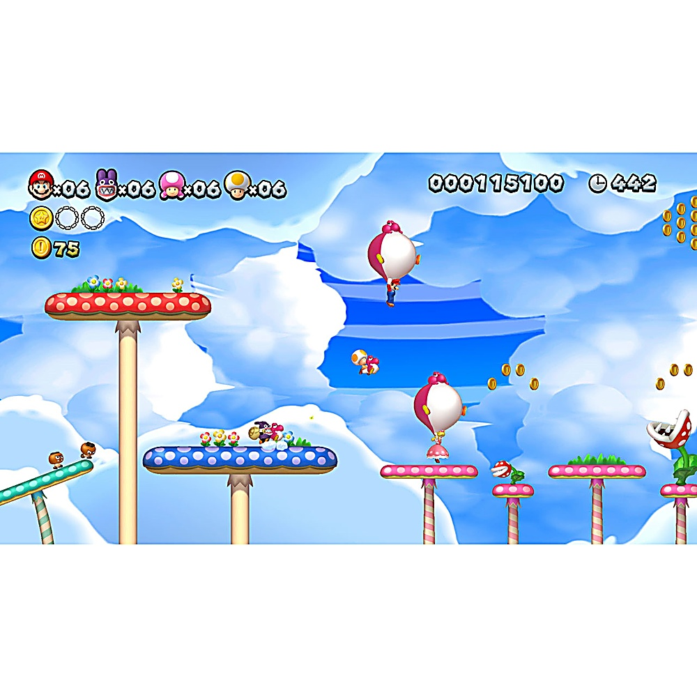 Poziom Super Mario Bros z platformami, postaciami, monetami i tłem w postaci zachmurzonego nieba. Widoczne są liczne platformy z grzybami i wrogowie.