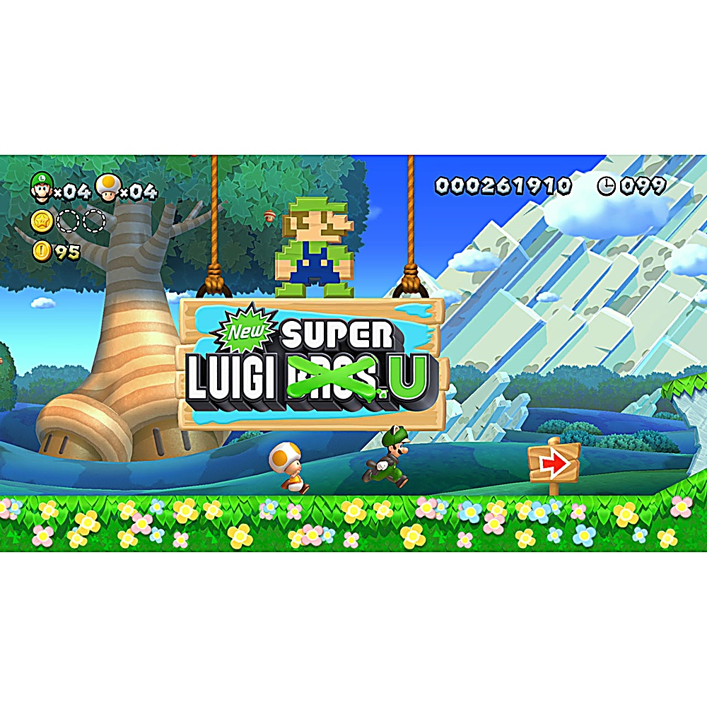 Luigi w pikselowej scenie gry. Znak głosi 'New Super Luigi U'. Postacie i przeszkody są widoczne w krajobrazie.