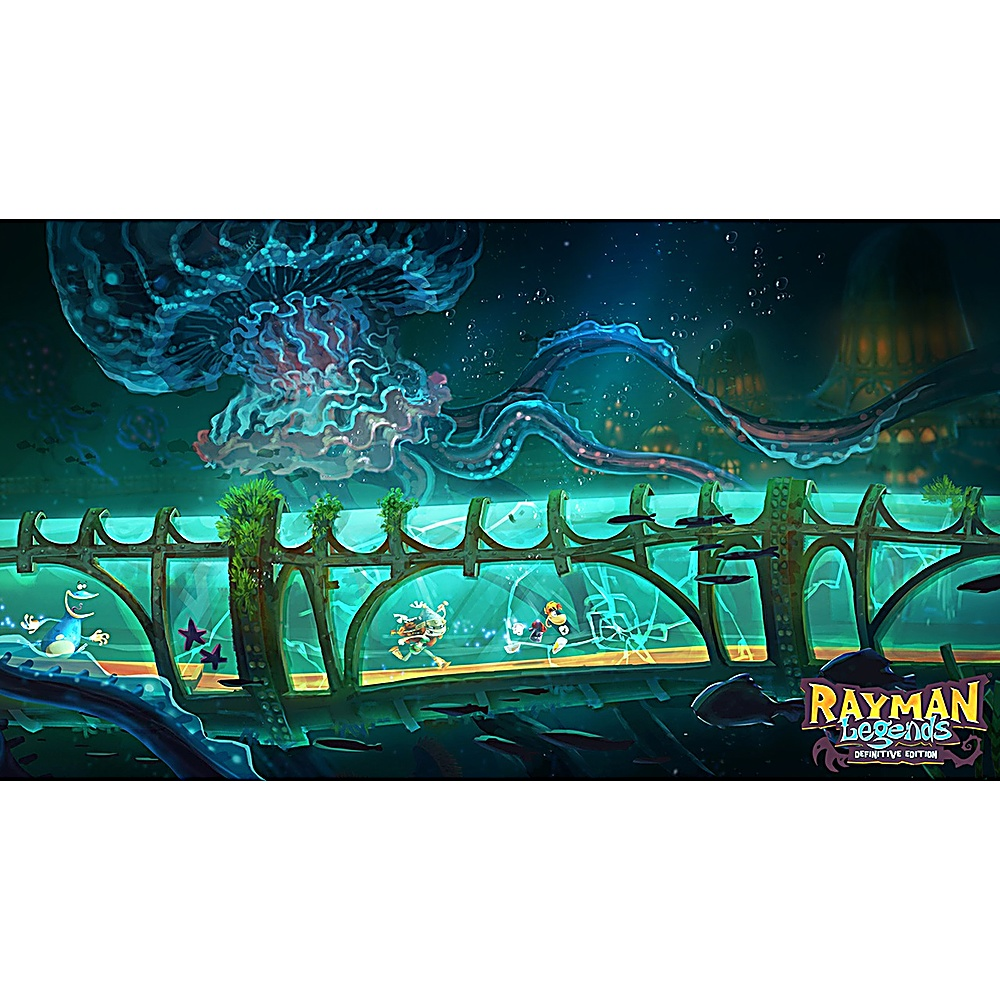 Scena subacquea da Rayman Legends. I personaggi corrono attraverso un tunnel di vetro. Una medusa gigante e una città sullo sfondo.