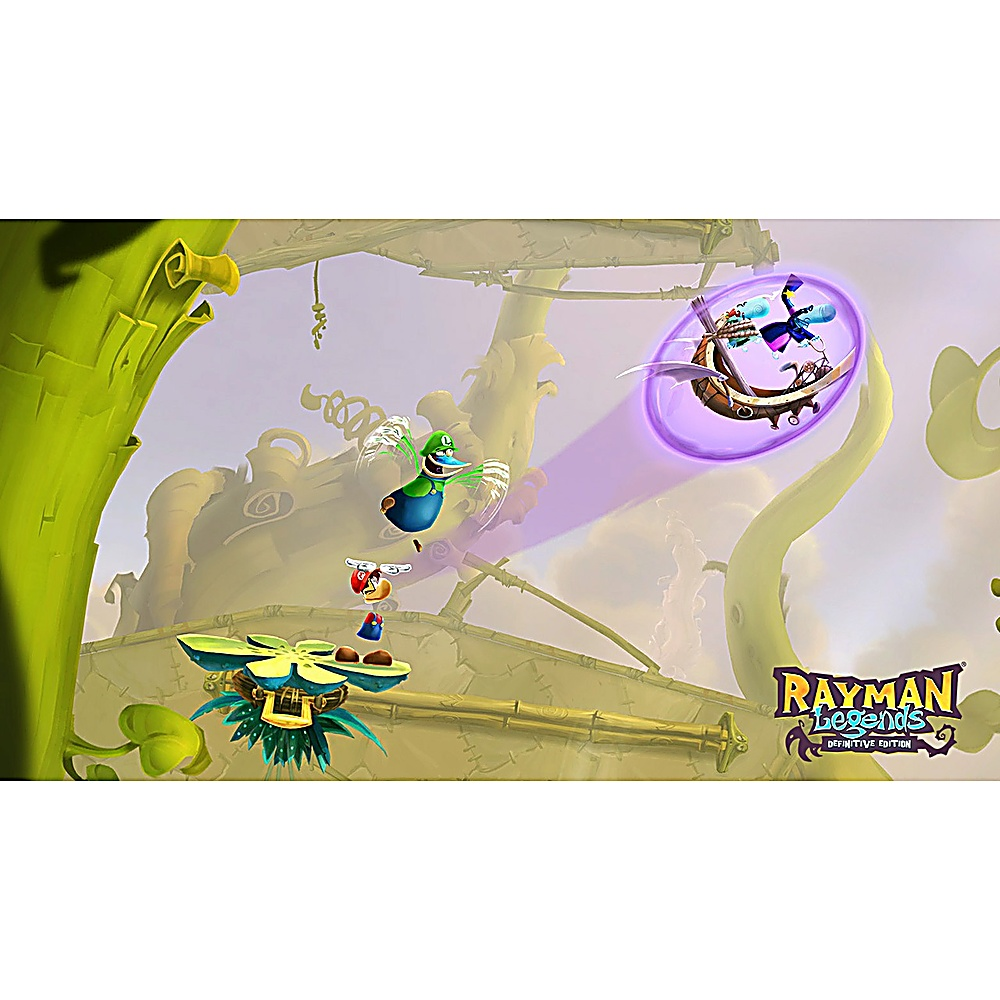 I personaggi di Rayman Legends in un ambiente colorato. Un personaggio con le ali vola. Un altro è su una piattaforma floreale.