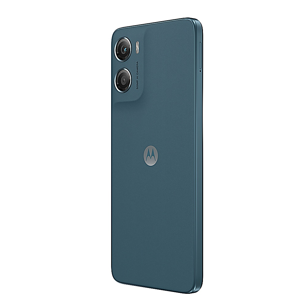 Turkusowy smartfon Motorola z podwójnym aparatem i logo. Telefon jest lekko przechylony na bok, pokazując design.