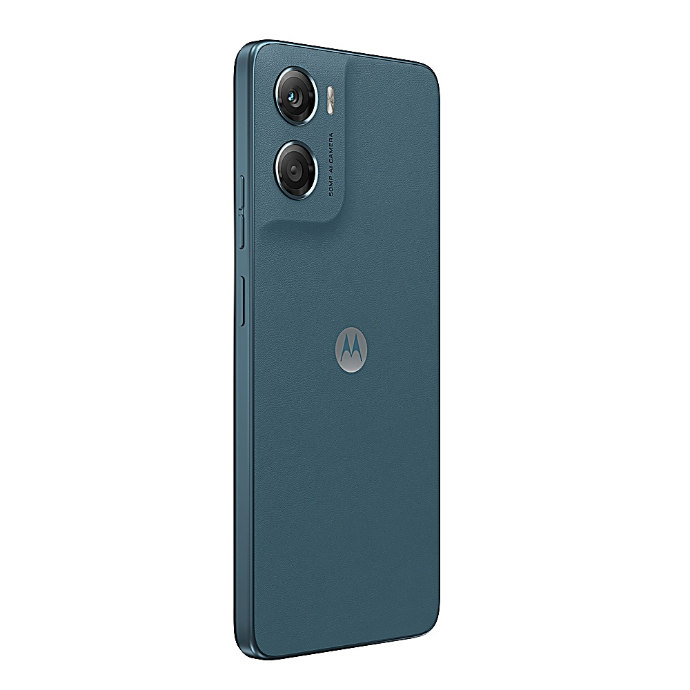 Widok z tyłu teal smartfona. Podwójny aparat, logo Motorola. Przyciski głośności i zasilania. Etykieta 50MP AI CAMERA.