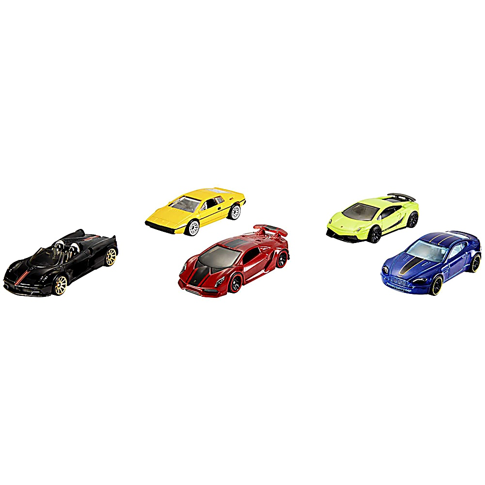 Cinco coches de juguete: negro, amarillo, rojo, verde lima y azul. Están dispuestos sobre una superficie blanca.