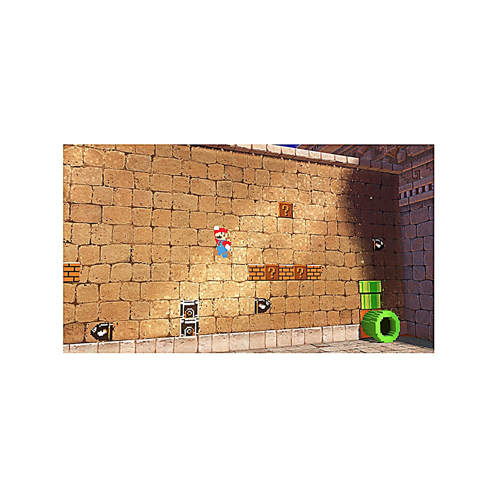 Mario salta en un entorno pixelado. Se ven paredes de ladrillo, bloques de interrogación y tuberías verdes. La escena es de un videojuego.