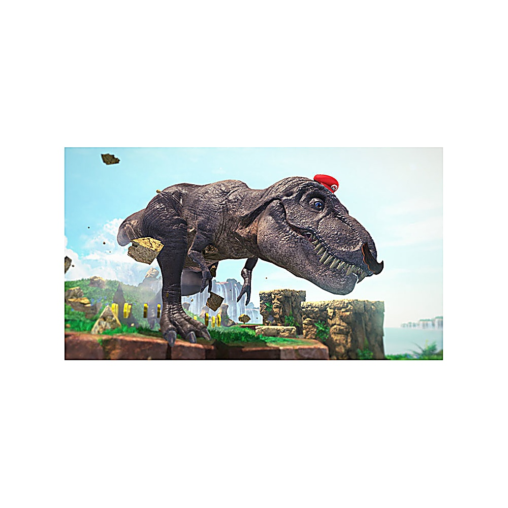 Un T-Rex con gorra roja en movimiento. En una plataforma de piedra con cascada al fondo, cielo azul con rocas flotantes.