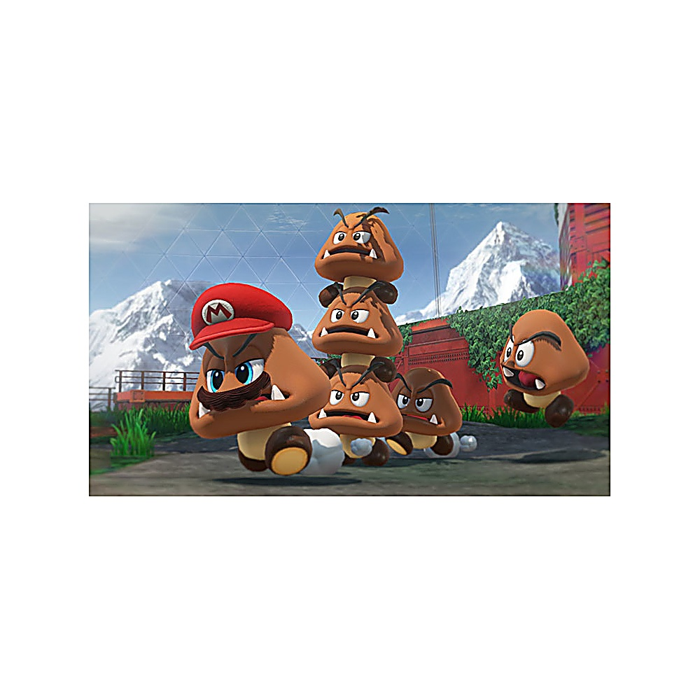 Personaje parecido a Mario y Goombas. Algunos apilados. Montañas nevadas al fondo. Pared roja y cielo.