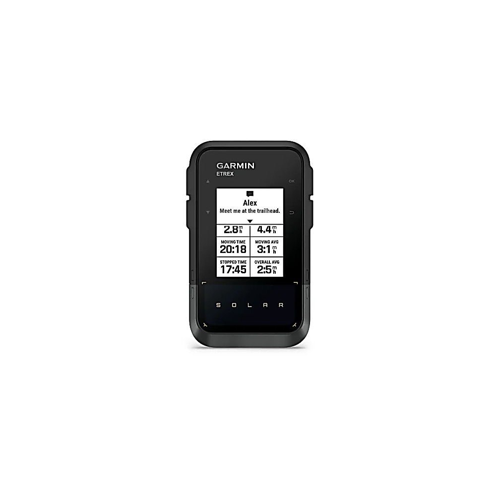 Schwarzes Garmin Etrex-Gerät mit Daten auf dem Bildschirm. Text sagt: 'Alex, triff mich am Trailhead.' Zeigt Zeit, Geschwindigkeit und Durchschnitt an.