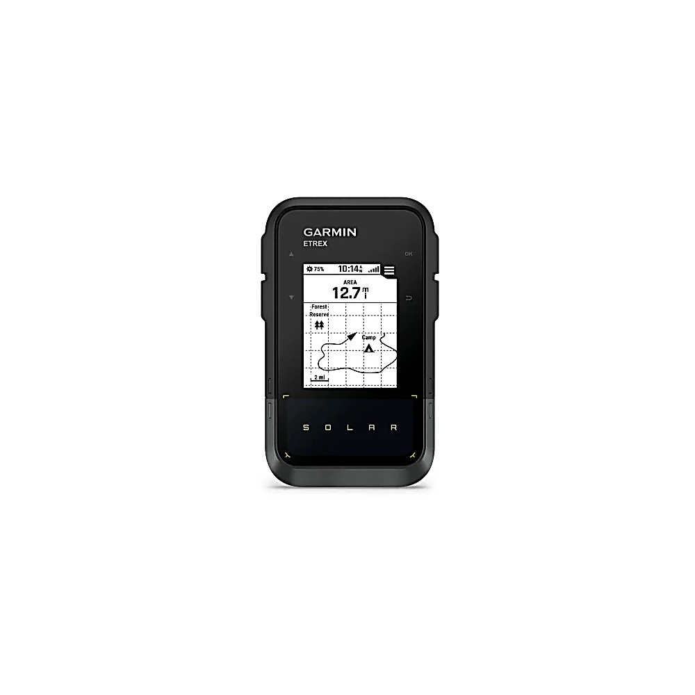 Urządzenie GPS Garmin eTrex wyświetla mapę z zaznaczonym obozem. Ekran pokazuje baterię i czas. Urządzenie jest czarne.