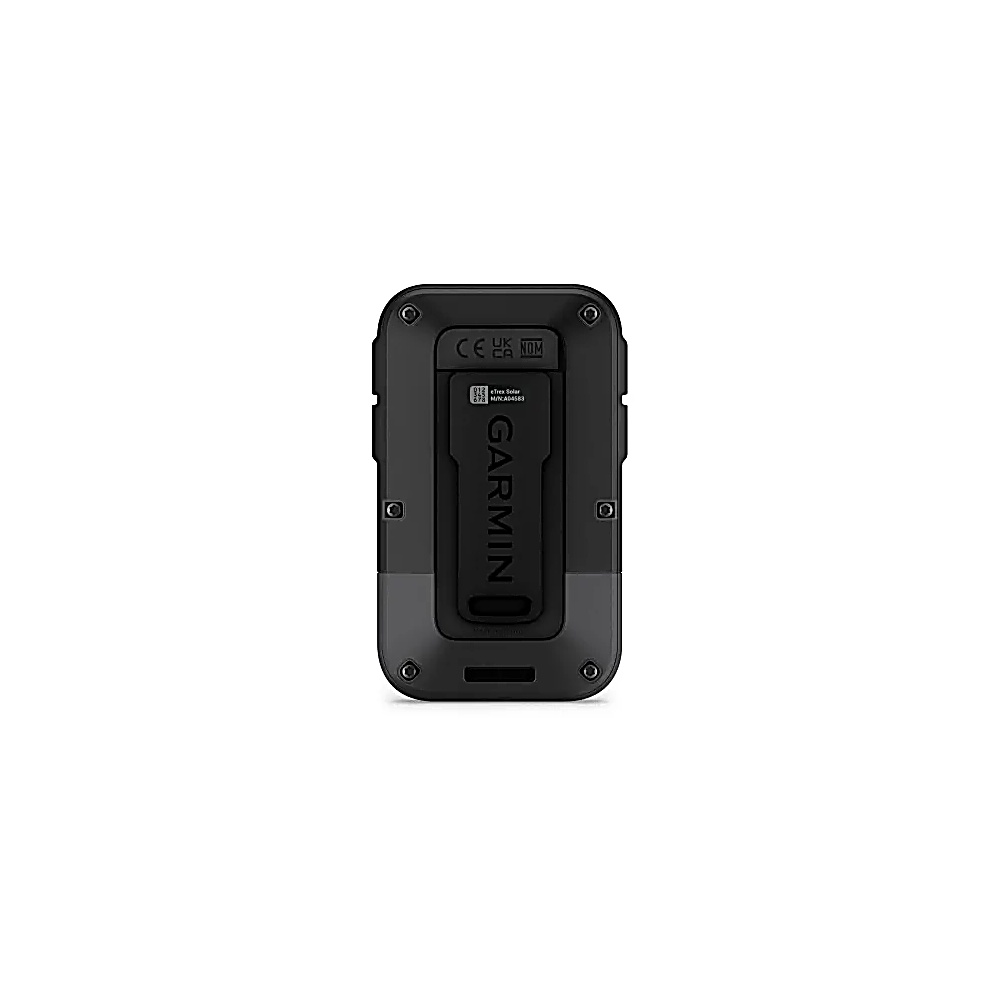 Zbliżenie urządzenia Garmin. Urządzenie jest czarne z pionowo wydrukowanym słowem GARMIN. Posiada kilka przycisków i oznaczeń.