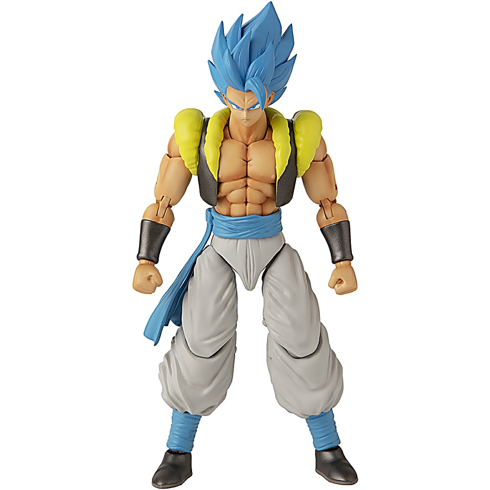 Una statuetta con capelli blu a punta, spalline gialle e pantaloni grigi, in posa da combattimento.