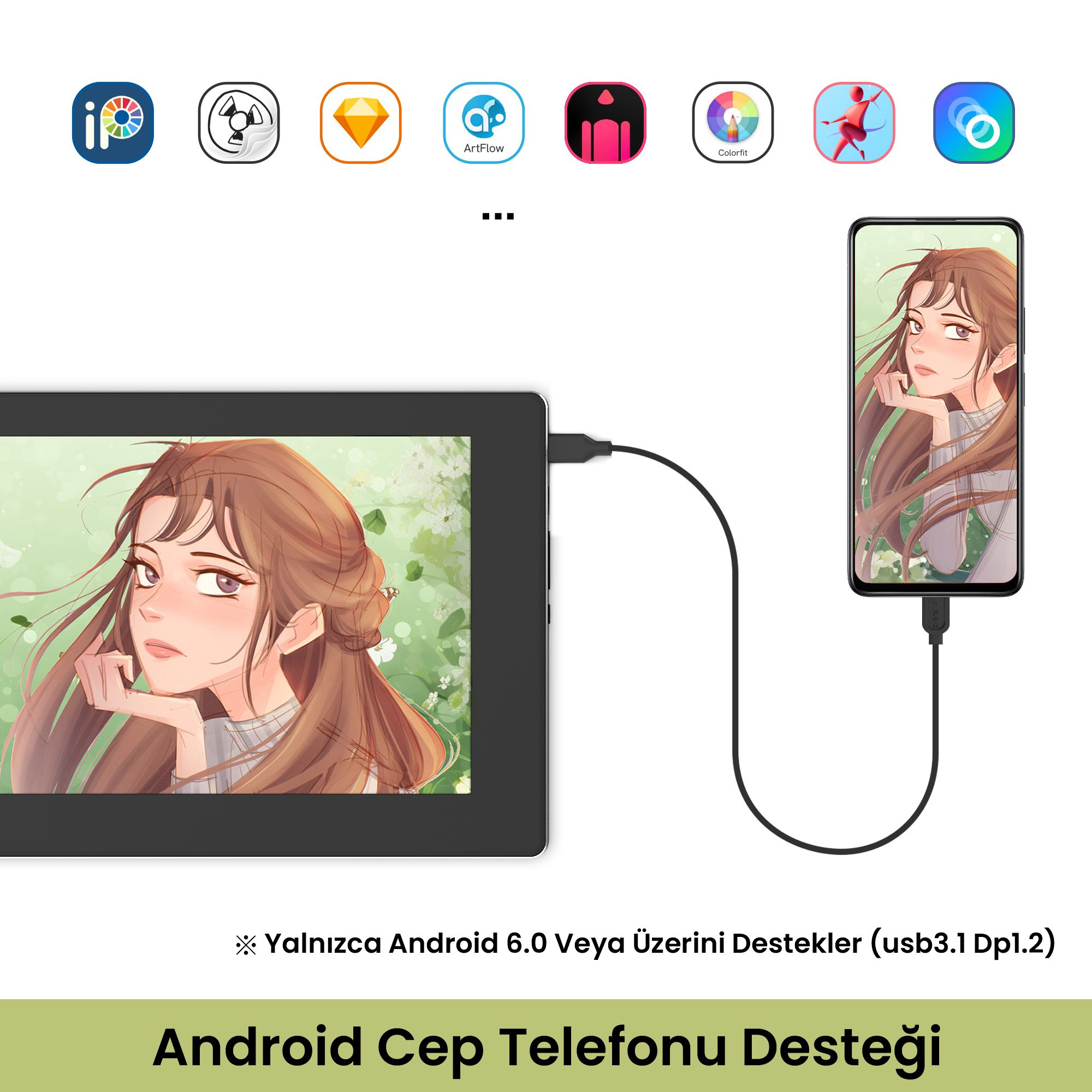 Bir tablet ve akıllı telefon bir kablo ile bağlı. Her ikisi de anime tarzı bir kadın illüstrasyonu gösteriyor.