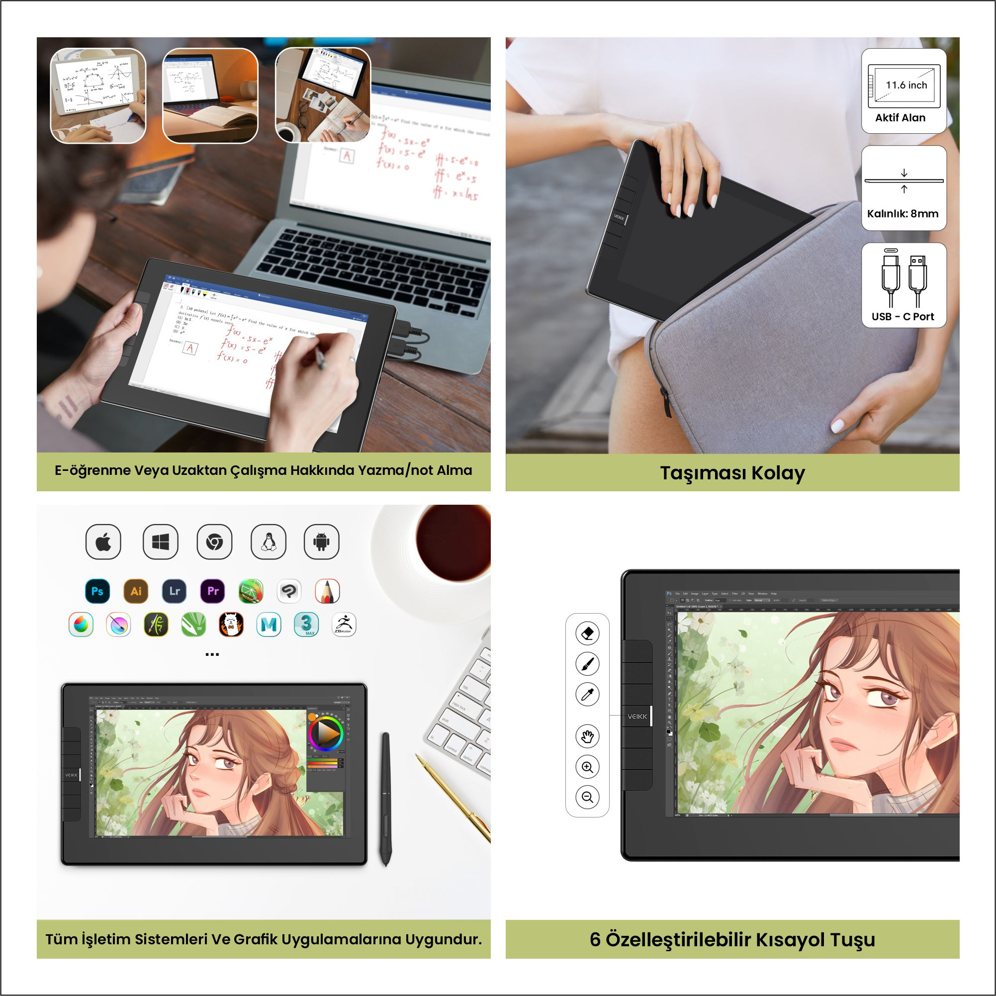 Görsel, not yazmak ve öğrenmek için kullanılan bir tablet ve dizüstü bilgisayarı gösteriyor. Grafik tableti ve yazılım simgeleri görünür.