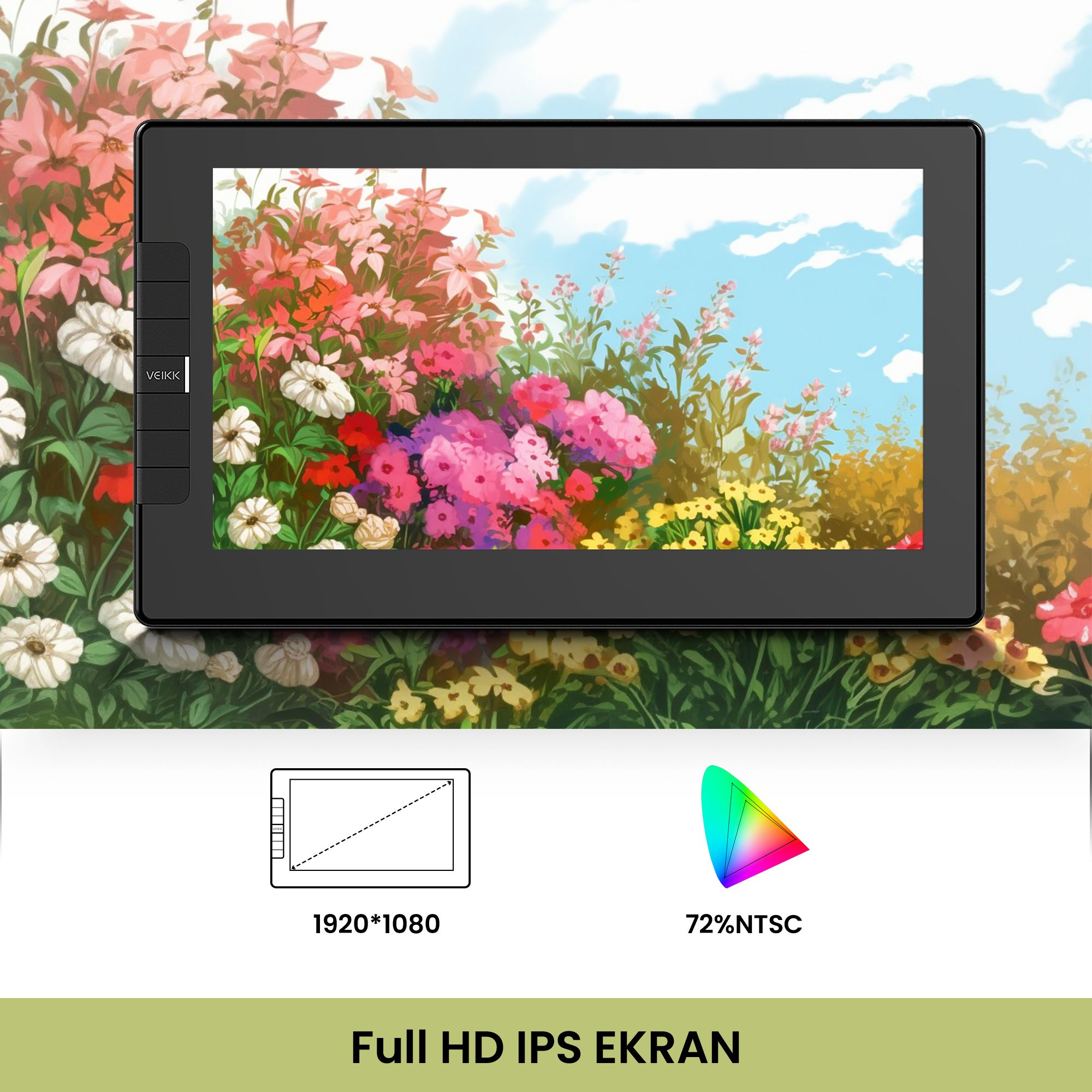 Çiçek arka planı, gökyüzü ve teknik özelliklere sahip bir tablet.