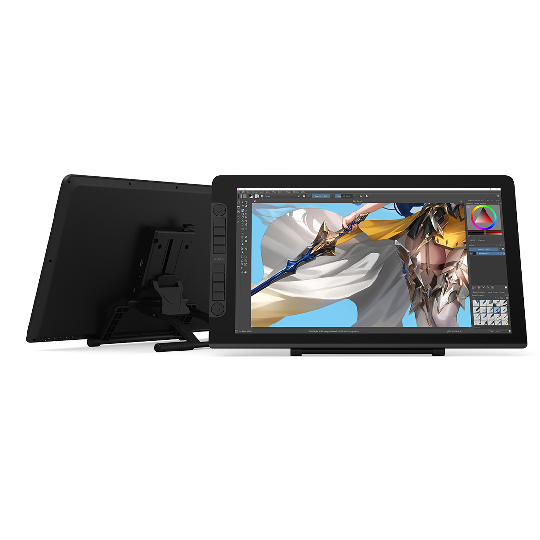 Dijital sanat ekranlı siyah çizim tableti, bir karakter illüstrasyonu gösteriyor. Arkasında başka bir tablet var.