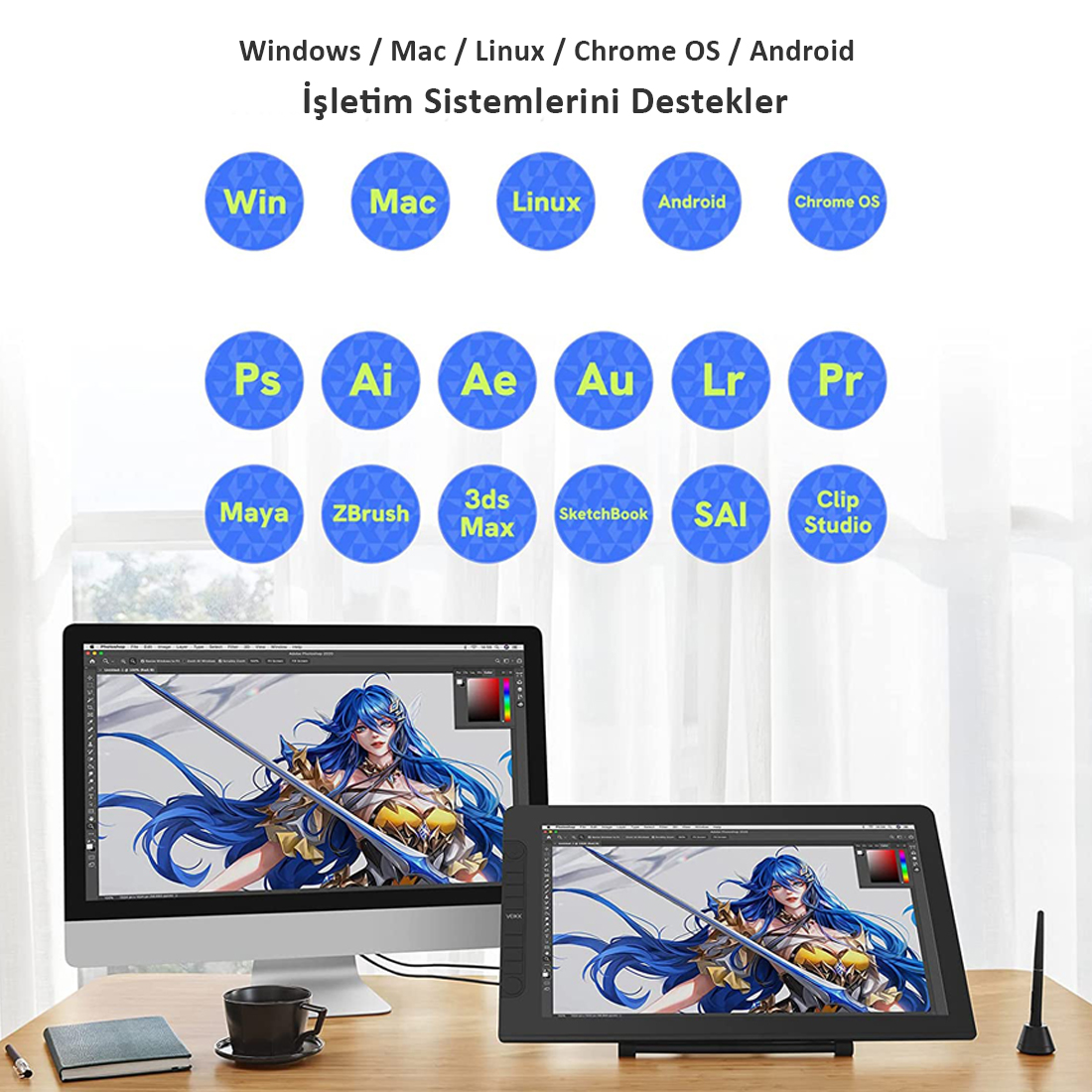 Bir monitör ve çizim tableti ile bir bilgisayar kurulumu. Windows, Mac ve Photoshop gibi tasarım programları dahil olmak üzere üstte yazılım simgeleri.