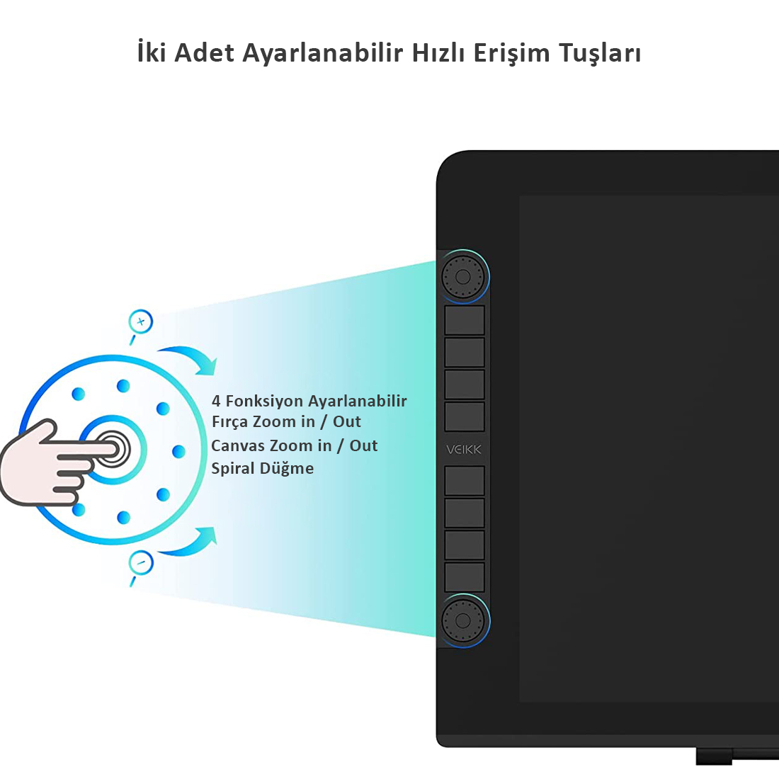 Ayarlanabilir düğmelere sahip bir grafik tablet gösteriliyor. Görüntü ayrıca tablet işlevlerini gösteren elle çizilmiş bir diyagramı da gösteriyor.