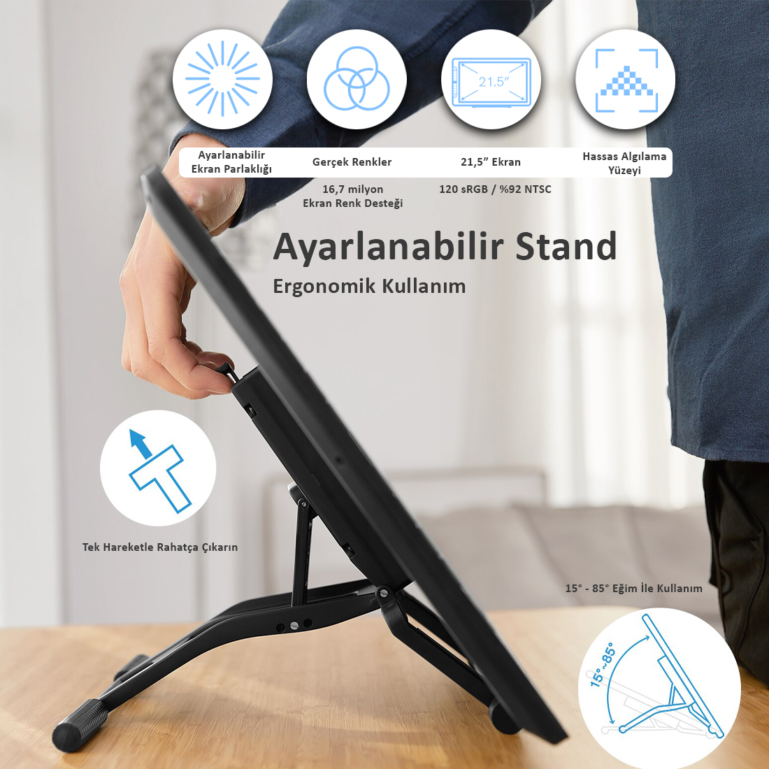 Siyah ayarlanabilir bir stand bir monitörü tutuyor. Bir el ekranı ayarlıyor. Metin, ekran özelliklerini ve ergonomik kullanımı gösteriyor.