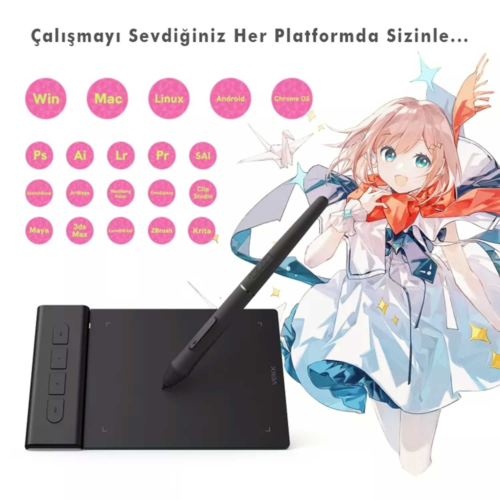 Bir grafik tablet ve kalem, yazılım logoları ve bir anime kız illüstrasyonu ile çevrili.
