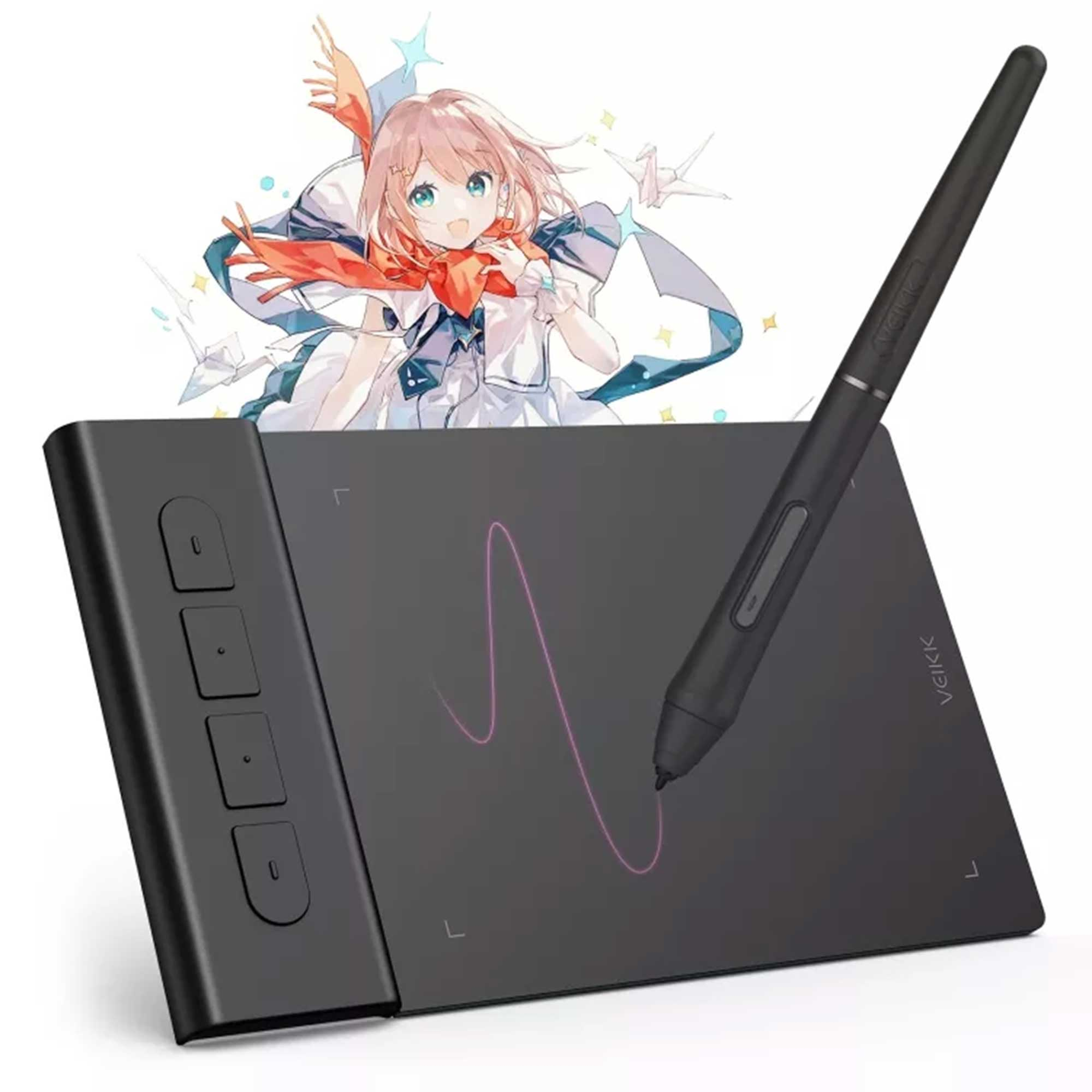 Bir kalemle grafik tableti. Arka planda bir anime kızı var. Tablet siyah, kalem sağda.