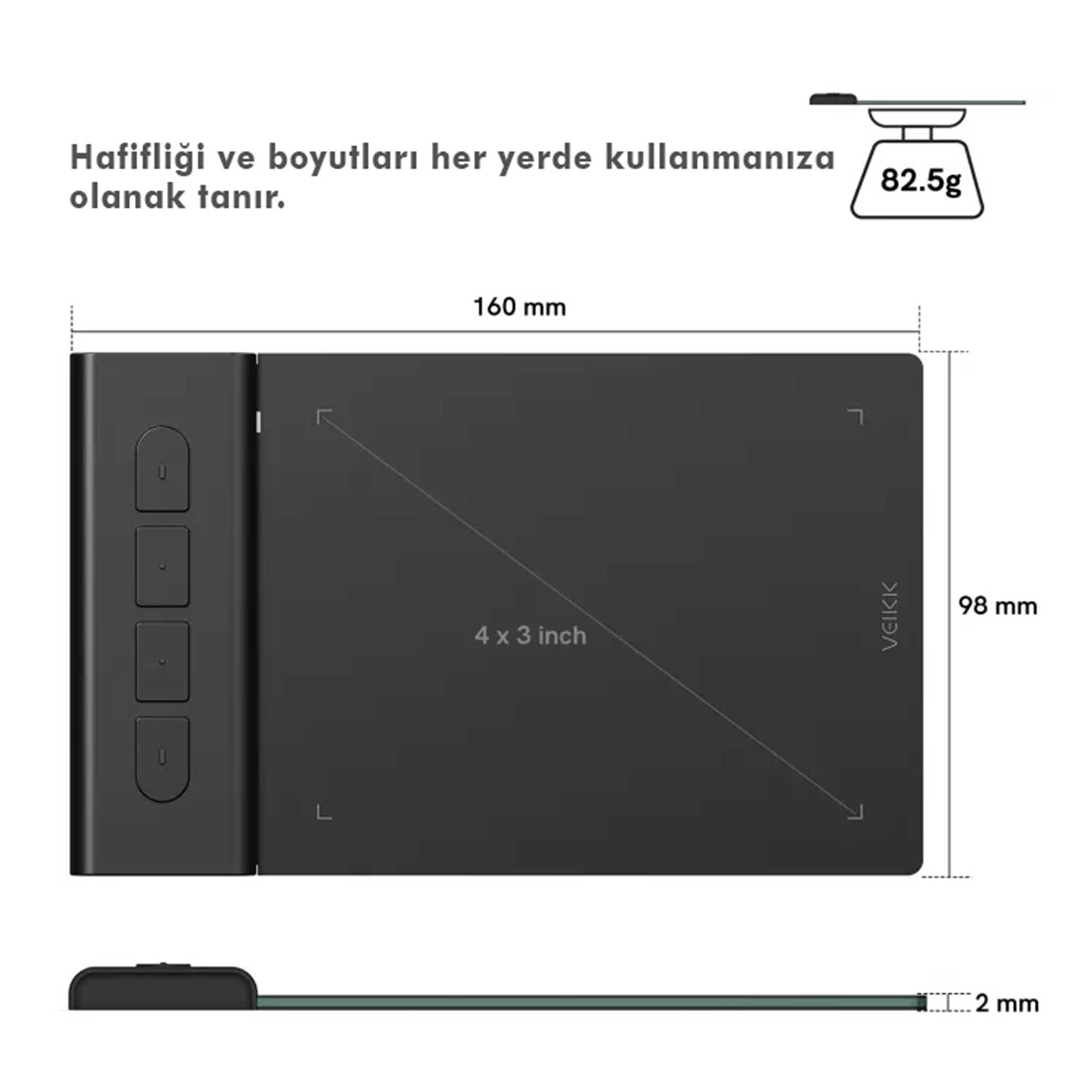Boyutları ve ağırlık detayları olan siyah bir çizim tableti. Düğmeleri ve 4x3 inç çizim alanı vardır.