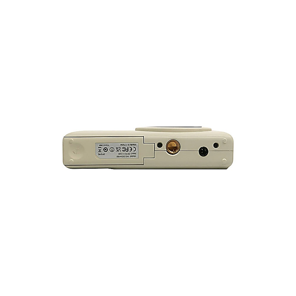 Un dispositivo beige, probablemente una cámara, está sobre una superficie blanca. Tiene una lente, botones y detalles de texto en la parte inferior.