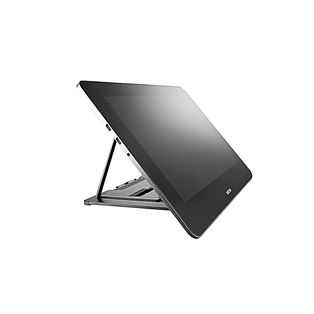 Ein schwarzes Tablet auf einem Ständer ist nach oben abgewinkelt. Der Ständer ist metallisch, der Hintergrund ist weiß.
