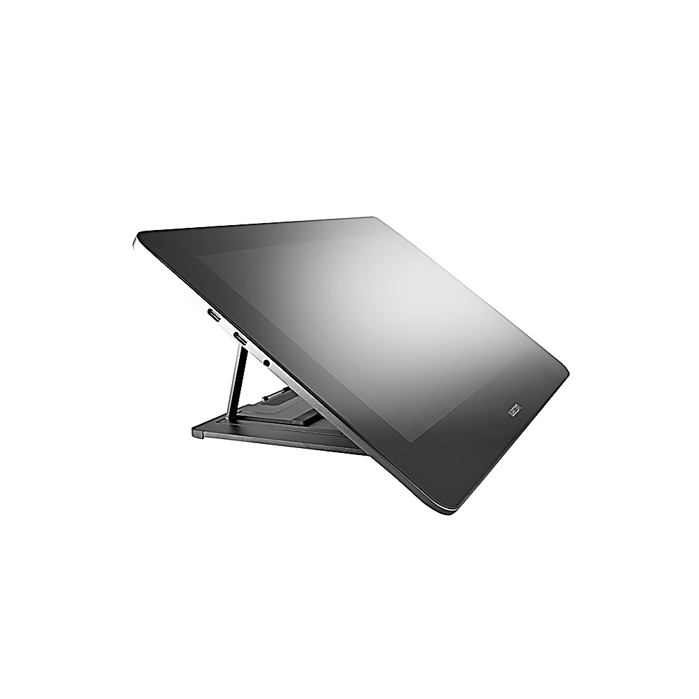 Ein schwarzes Tablet ist auf einem Ständer aufgestellt. Der Bildschirm ist geneigt und hat eine reflektierende Oberfläche. Der Hintergrund ist weiß.