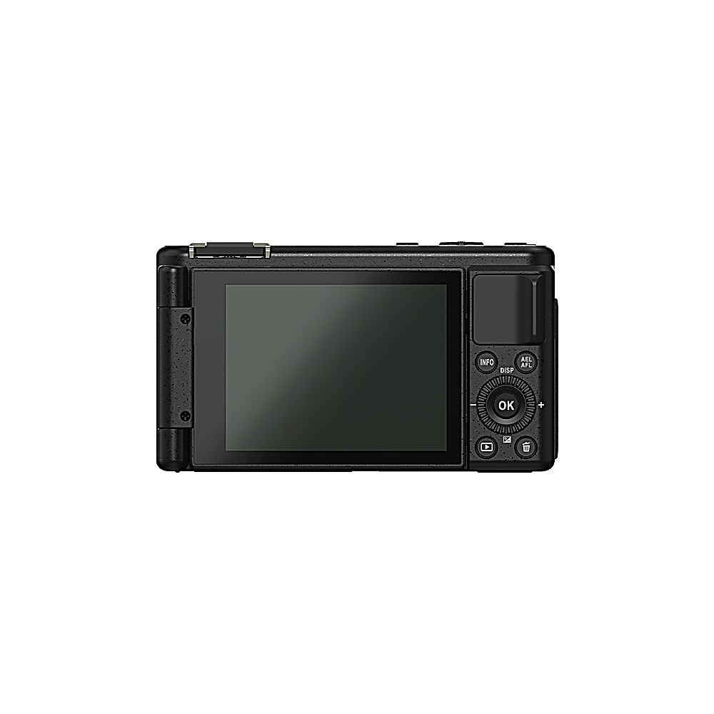 Se muestra una cámara digital negra. La parte trasera tiene una pantalla, botones y un agarre. La cámara está sobre un fondo blanco.
