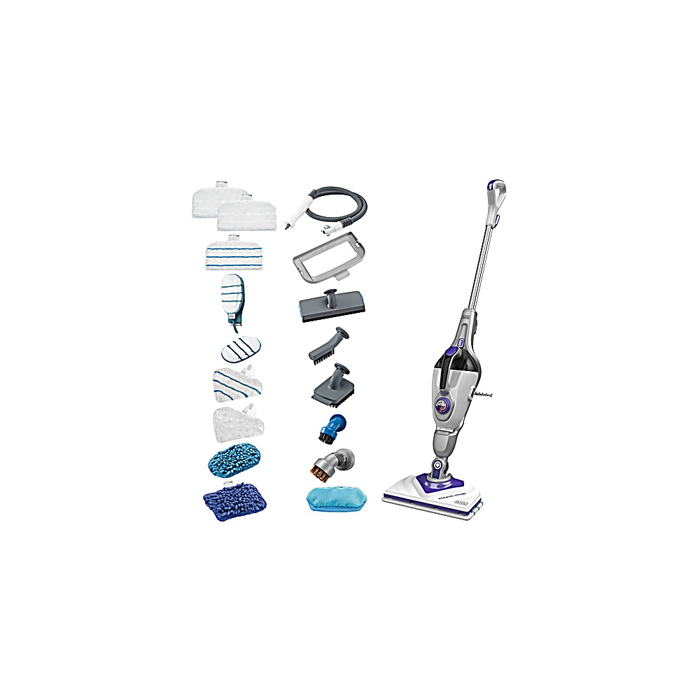 Mop parowy z nasadkami: szczotkami, podkładkami i wężem. Mop jest biało-fioletowy. Nasadki są niebiesko-białe.