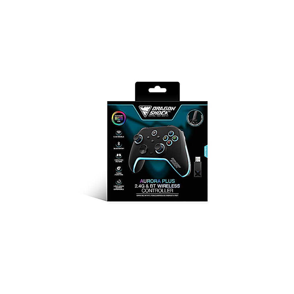 Caja negra del controlador Dragon Shock Aurora Plus. Incluye RGB, Bluetooth y 2.4G inalámbrico. Se incluye un dongle.