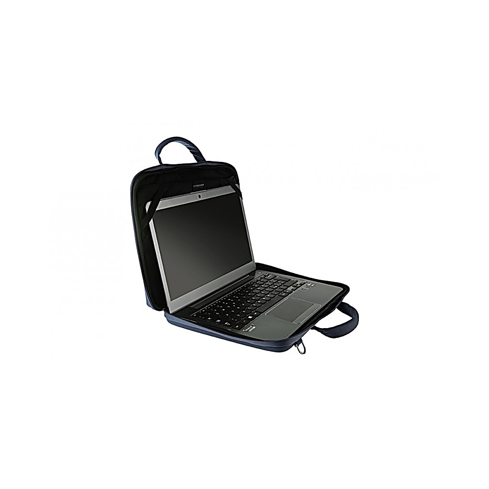 Ein Laptop in einer schwarzen Hülle ist geöffnet. Der Bildschirm ist dunkel, die Tastatur ist schwarz und die Hülle hat Griffe und einen Reißverschluss.