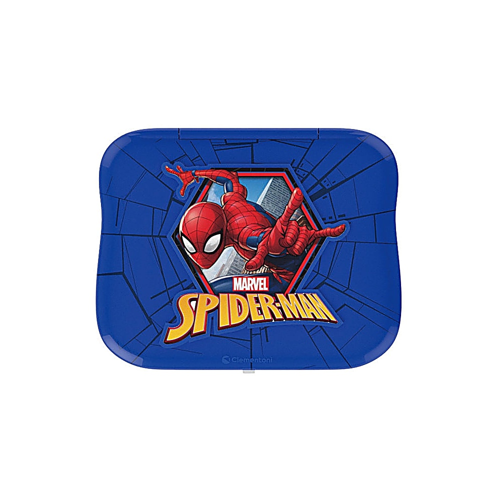 Eine blaue Spider-Man-Brotdose. Sie zeigt Spider-Man in Aktion, das Marvel-Logo und die Worte „Spider-Man“ in Gelb.