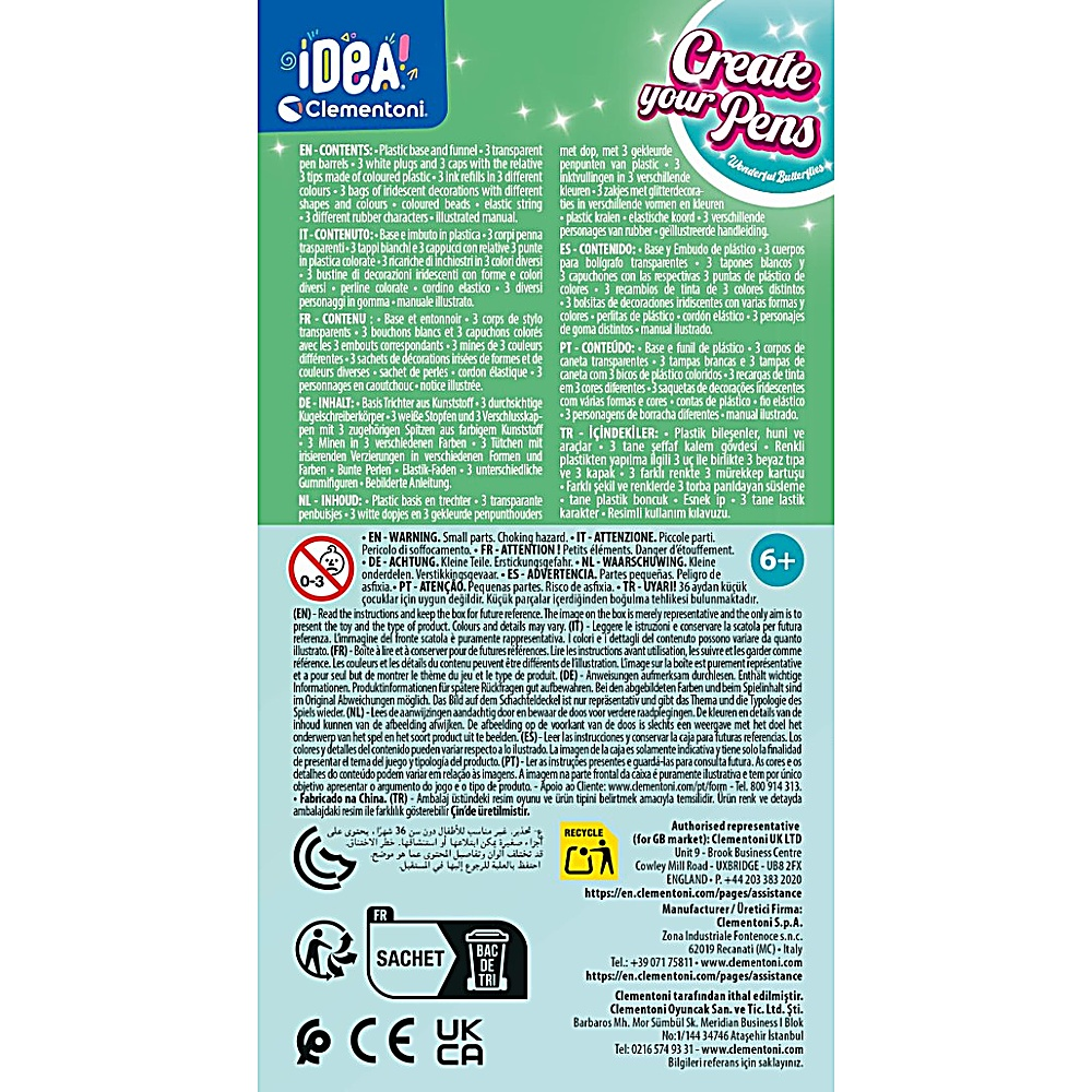 Pudełko z tekstem i obrazami. Zawiera długopisy, kolory i słowa 'Create your Pens'. Posiada znaki CE i UKCA.