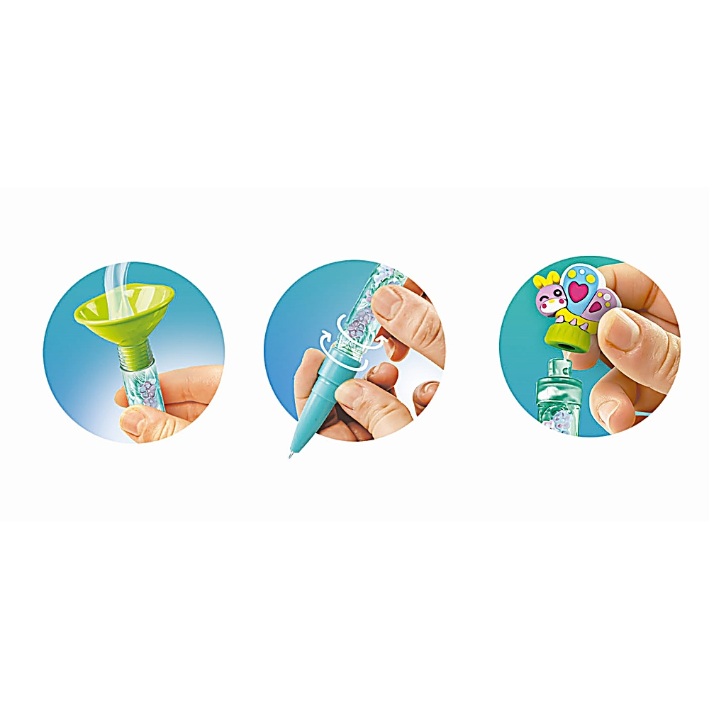 Trzy okrągłe obrazy: lejek wylewa płyn, długopis jest skręcany, a zawieszka umieszczana na butelce, wszystko trzymane przez ręce.