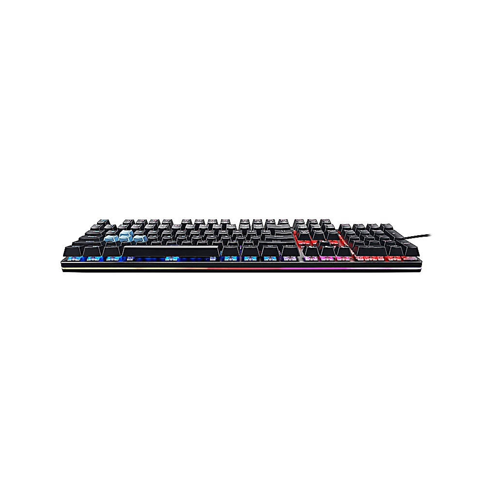 Czarna klawiatura mechaniczna z kolorowymi diodami LED na białym tle. Klawiatura ma wiele klawiszy i połączenie przewodowe.