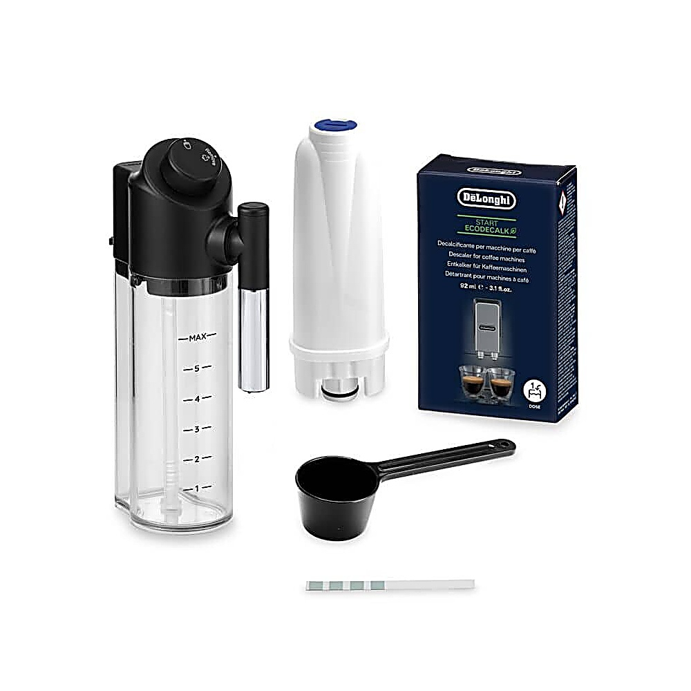 Zestaw do odkamieniania ekspresu do kawy. Zawiera pojemnik, filtr, miarkę, odkamieniacz i pasek testowy. Na białym tle.