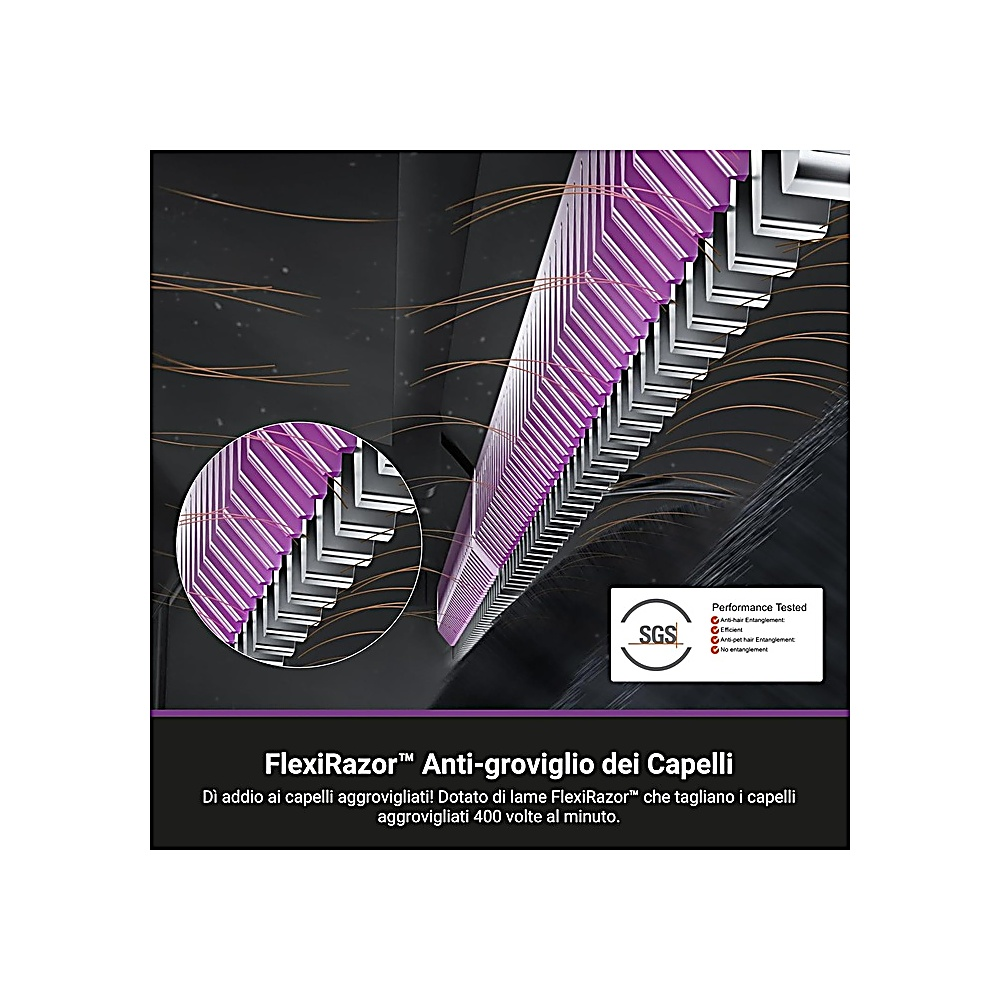 Diseño FlexiRazor morado y plateado. La imagen tiene texto en italiano y un logotipo SGS. Promete cortar el cabello enredado.