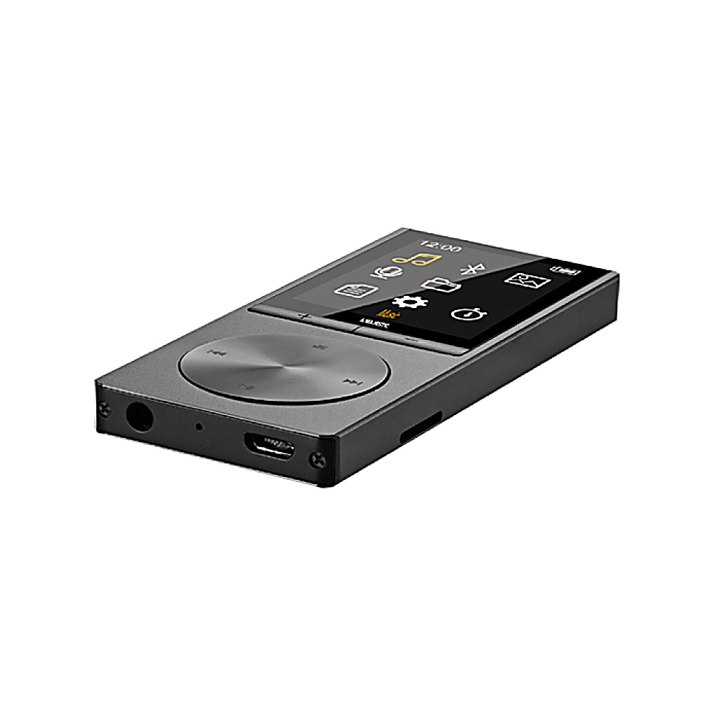 Ein dunkelgrauer MP3-Player ist abgebildet, leicht angewinkelt. Er hat einen Bildschirm mit Symbolen. Unter dem Bildschirm befindet sich ein rundes Bedienfeld.