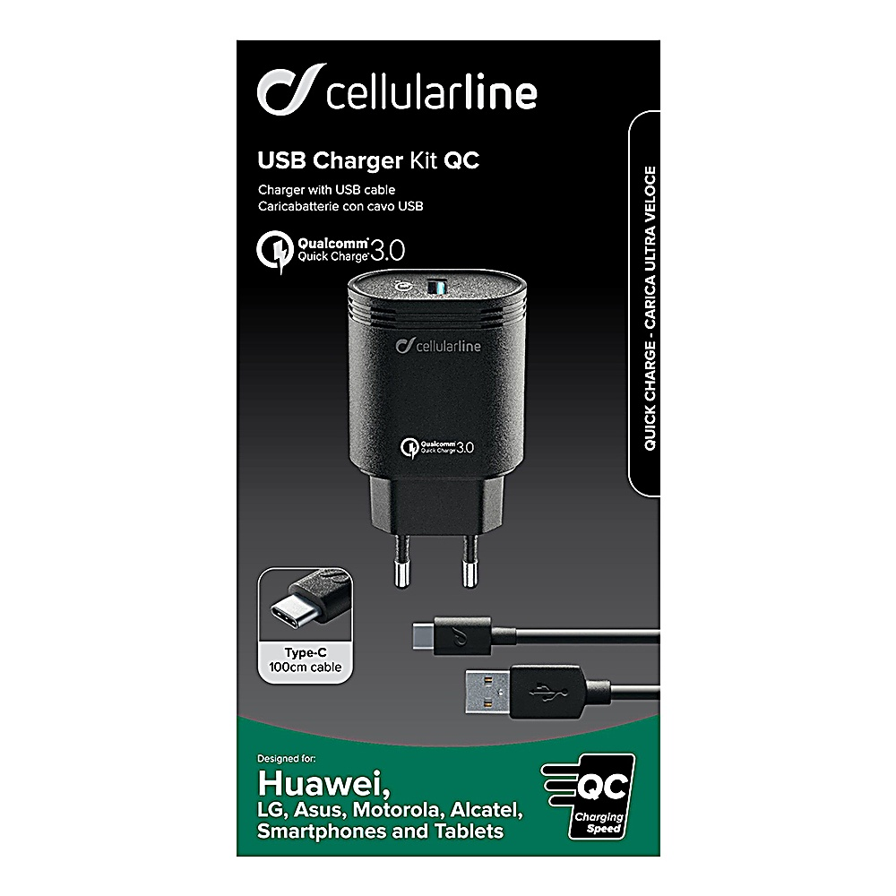 Een Cellularline USB-opladerkit. Het bevat een zwarte oplader, een USB-kabel en is ontworpen voor smartphones en tablets.