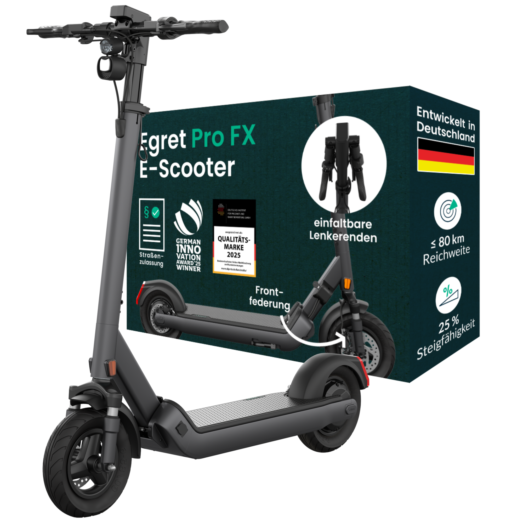 Ein schwarzer Egret Pro FX E-Scooter mit detailliertem Design, dargestellt mit informativen Grafiken im Hintergrund.